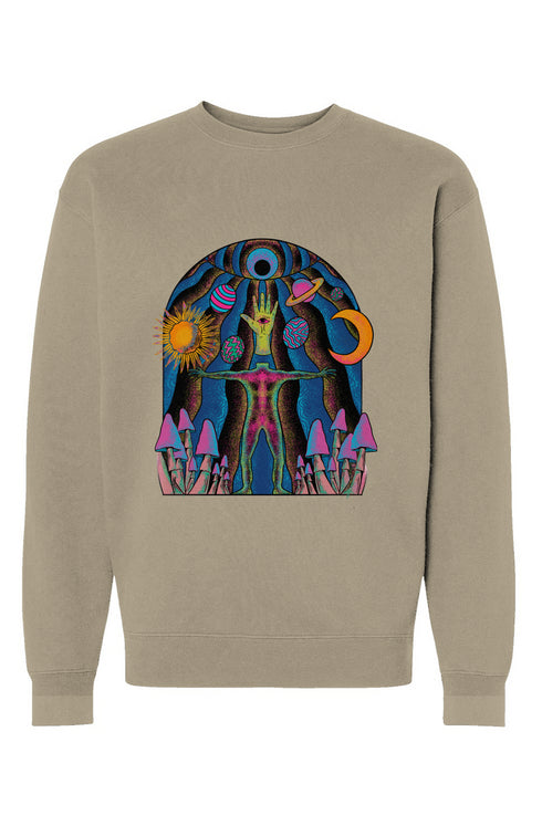 Self Actualized Premium Heavyweight Crewneck Sweatshirt with esoteric designs, 10 oz. cotton/poly blend, oversized fit, perfect for streetwear and cosmic adventures.